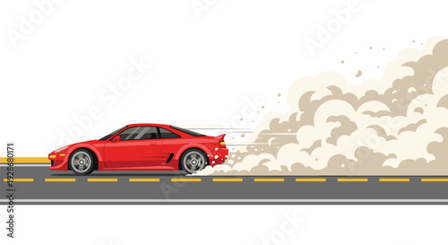 A red sports car drifts at high speed on a grey asphalt road leaving a large trail of tan dust and smoke in a vector style.