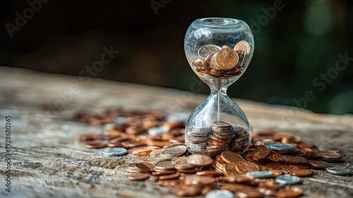 An hourglass filled with coins symbolizes the passage of time and the value of money, with scattered coins around it on a rustic wooden surface.