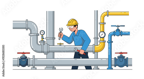 A worker in a yellow hard hat and blue shirt repairs a complex system of industrial metal pipes with a silver wrench.