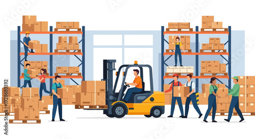 Warehouse Workers Operating Forklift and Handling Boxes.