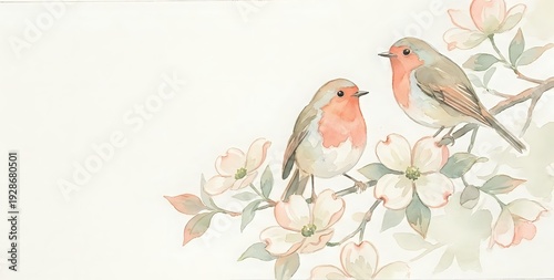 Watercolor robins perched on blooming branch with soft pink flowers and green leaves on light background for spring greeting cards and decor.