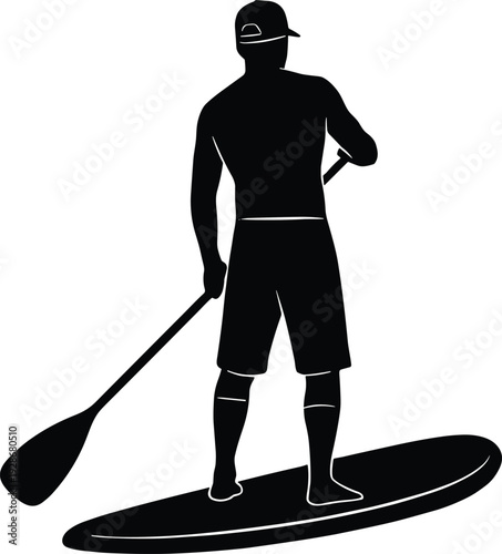 Silhouette of a male stand up paddleboarder wearing a hat and shorts, holding a paddle on a surfboard, isolated on white background