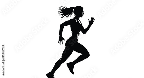 Dynamic vector illustration depicting a powerful athletic woman sprinting forward with determination and energy, showcasing an active healthy lifestyle and fitness dedication.