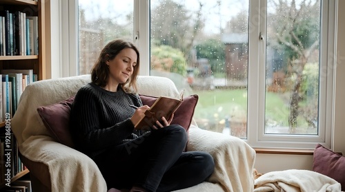 Young woman reading book on comfortable sofa by large window with garden view. Cozy home interior with natural light for relaxation and leisure lifestyle.