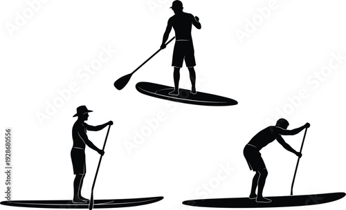 Silhouette of male paddleboarders standing and rowing on stand up paddleboards, isolated black graphic icons on white background