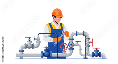 A technician in blue overalls and an orange hard hat holds an adjustable wrench while working on industrial plumbing valves.