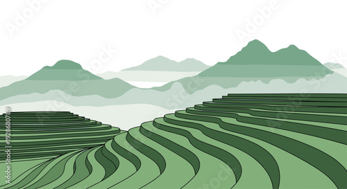 A stylized landscape illustration depicts green rice terraces in the foreground and misty mountain peaks in the distance.