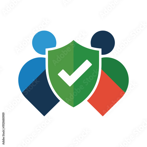 A shield with a checkmark protects two stylized people figures