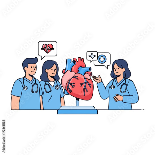 Medical Team Discussing Heart Health with Anatomical Model and Icons