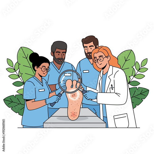 Medical Team Examines Fungal Infection on Foot with Magnifying Glass