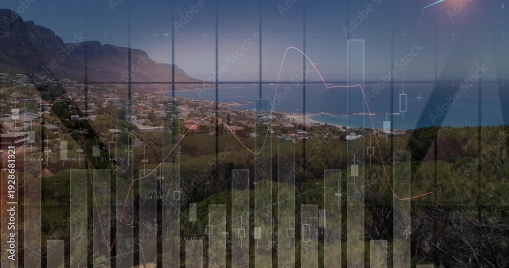 Naklejka premium Displaying coastal town from hillside viewpoint, showing candlestick charts over rooftops and bay