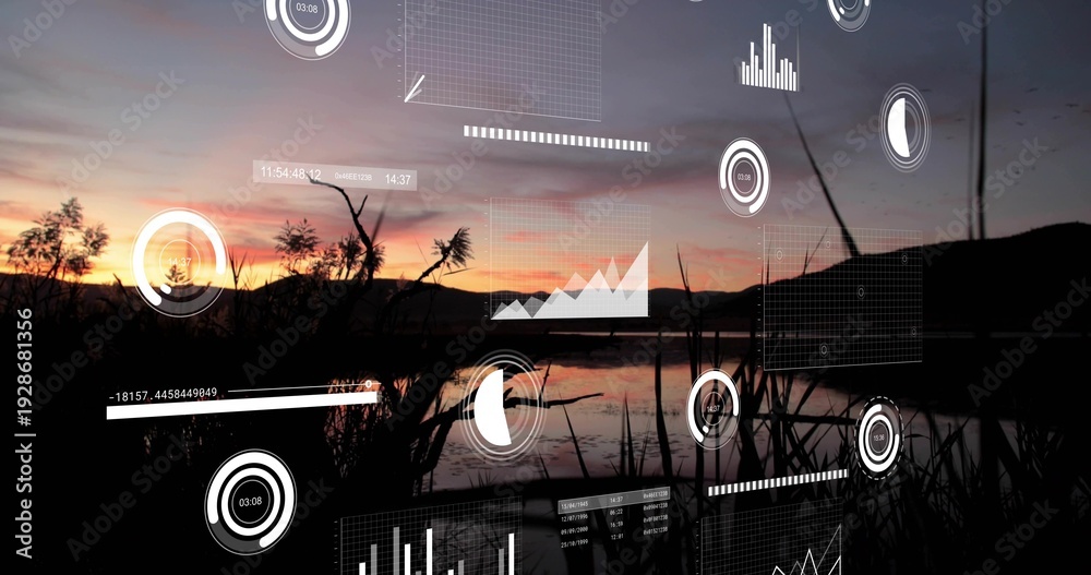 Obraz premium Reflecting sunset lake with dark reeds centering shoreline, displaying translucent AR data overlays