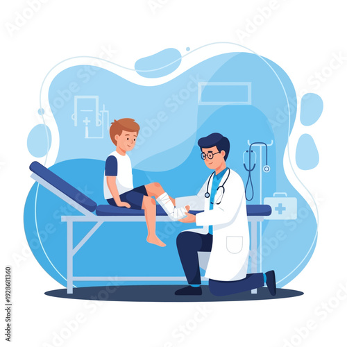 Doctor bandaging child's injured leg on examination table in clinic