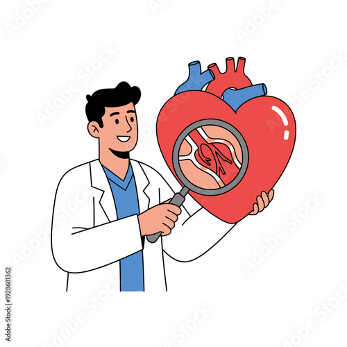Doctor examining heart with magnifying glass, cardiology concept, medical research