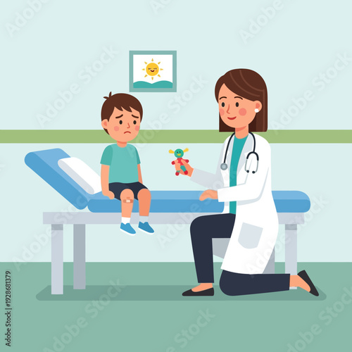 Doctor comforting sad boy with toy in examination room