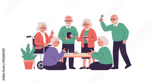 Diverse senior citizens engage in activities like playing a board game and using a tablet while gathered together in a bright white space.