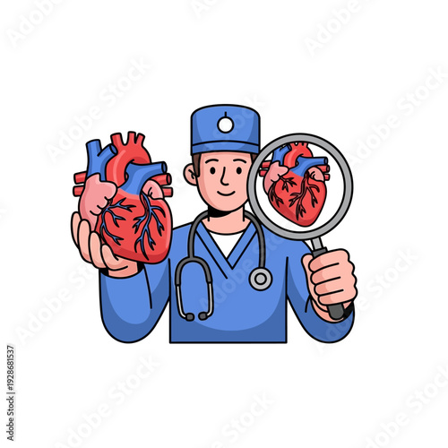 Doctor examining a human heart with a magnifying glass, cardiology concept