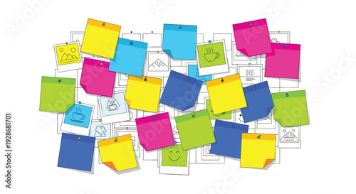 Brightly colored sticky notes in various shades are pinned over a collection of simple line drawings and photographs on a white background.