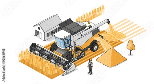 Combine Harvester Illustration with Farmer Nearby.