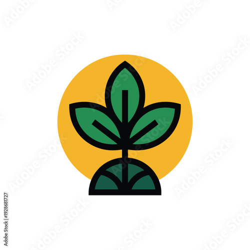 A green plant sprouts from the earth beneath a bright yellow sun.