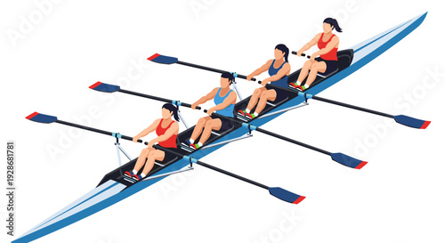 Four Women Rowing Boat Together.