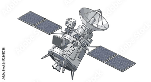 A gray satellite with extended solar panels and a large communication dish antenna is depicted floating in a clean white space environment.