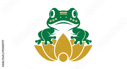 Green Frog Sitting on Lotus Flower.