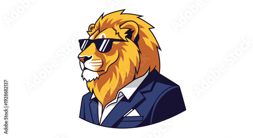 A stylized golden lion mascot wearing black sunglasses and a formal dark blue suit jacket is shown from the chest up against a white space.