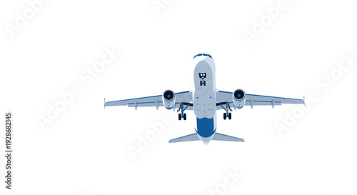 A large commercial passenger jet airplane is depicted from a low front perspective with its landing gear fully extended against white.
