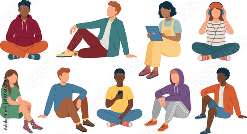 Diverse group of young people sitting, relaxing, using technology, wearing casual clothes, flat vector illustration on white background
