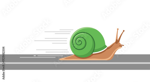 A brown snail with a solid green shell moves rapidly across a grey road surface with horizontal motion lines against a white background.