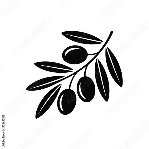 A black and white illustration of an olive branch with four olives.