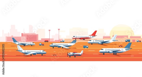 Several commercial airplanes sit on an orange airport tarmac with a city skyline and a large setting sun in the background under a white sky.