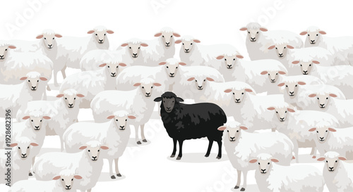 A single black sheep stands in the middle of a large flock of white sheep against a plain white background in a flat illustration style.