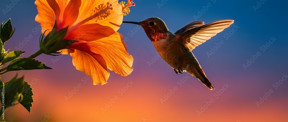 Naklejka premium Hummingbird feeding on vibrant orange hibiscus flower against colorful sunset sky. Nature wildlife photography perfect for garden and tropical themes.