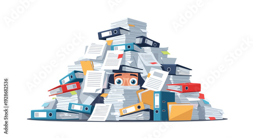 A person peeks out from behind a massive pile of white papers and colorful office binders against a plain white background in a cartoon style.