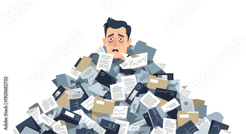An exhausted office worker with dark circles under his eyes is buried inside a large mountain of paper documents and blue file folders.