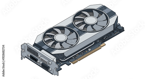 A grey and black dual fan graphics card for a computer is shown from an isometric perspective featuring a silver rear mounting bracket.
