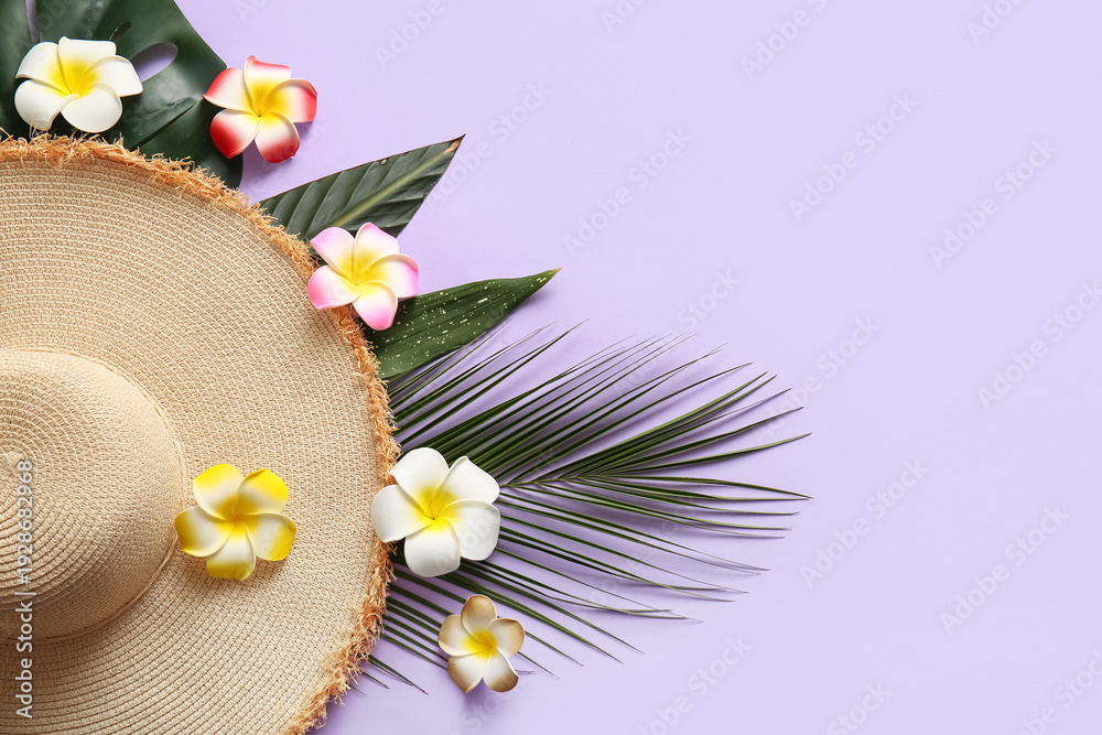 Obraz premium Beautiful plumeria flowers with different tropical leaves and wicker hat on lilac background