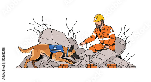 A search and rescue worker in an orange uniform points at rubble for a Belgian Malinois dog wearing a blue vest in a disaster zone.