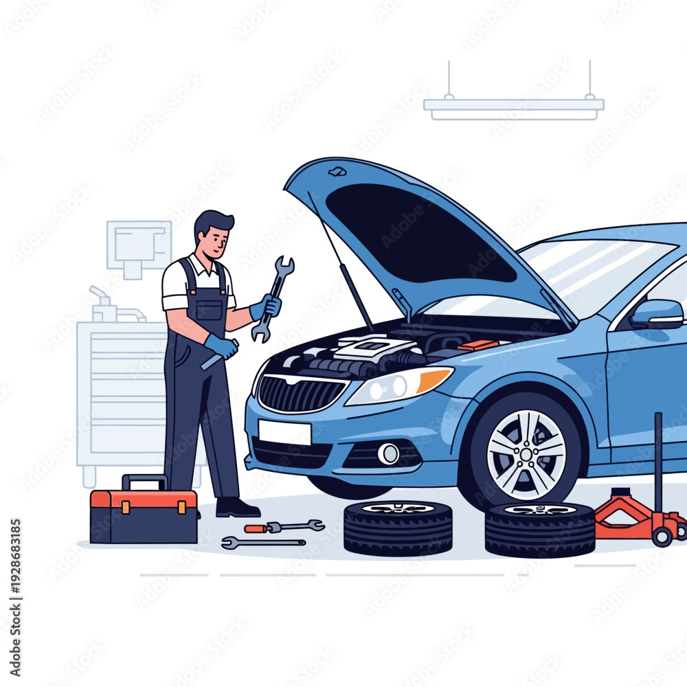 Naklejka premium Mechanic working on a blue car engine in a workshop, auto repair service, vehicle maintenance