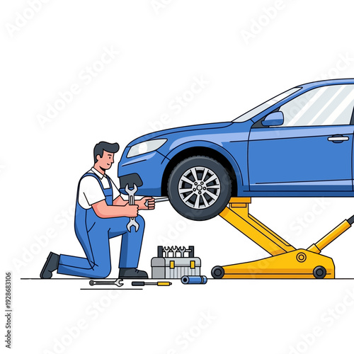 Mechanic repairing a blue car on a hydraulic lift with tools