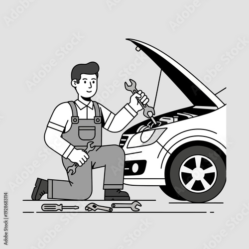 Mechanic repairing car engine with tools, auto service, workshop, maintenance, vehicle repair
