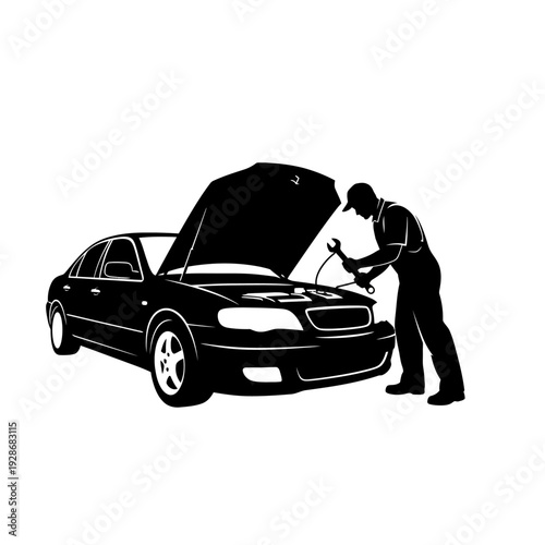 Mechanic repairing car engine with tools, Auto service, Vehicle maintenance, Garage, Workshop
