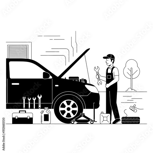 Mechanic repairing car engine with tools, auto service, workshop, vehicle maintenance