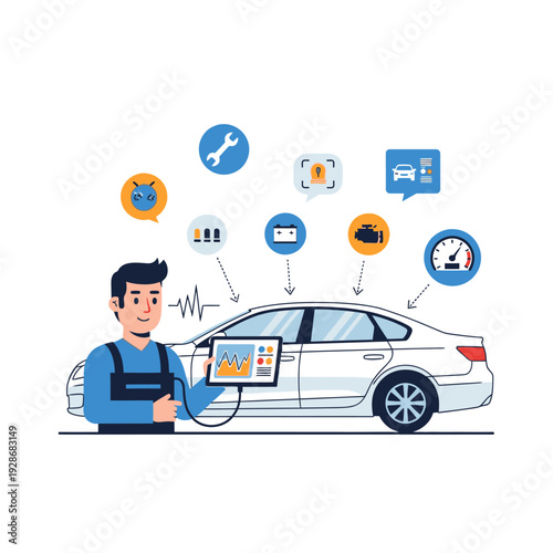 Mechanic using diagnostic tablet on car with digital icons, auto repair concept