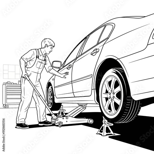 Mechanic using jack and jack stands to lift car for tire change or repair