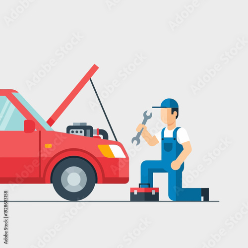 Mechanic repairing red car engine with wrench, auto service concept