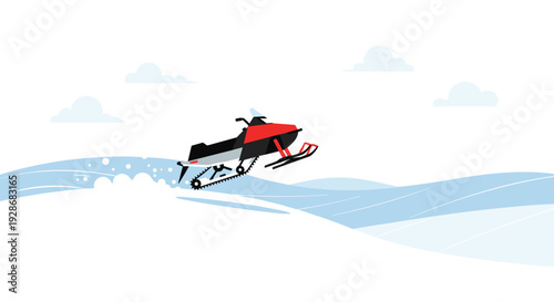 A red and black snowmobile jumps through the air over white snowy hills under a light blue sky with soft white clouds in the background.