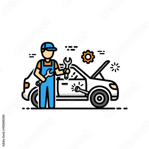 Mechanic with tools fixing car engine, auto repair service, workshop concept